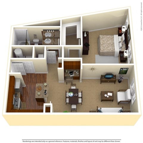 Floor plan for 1 bed, 1 bath, 840 sqft